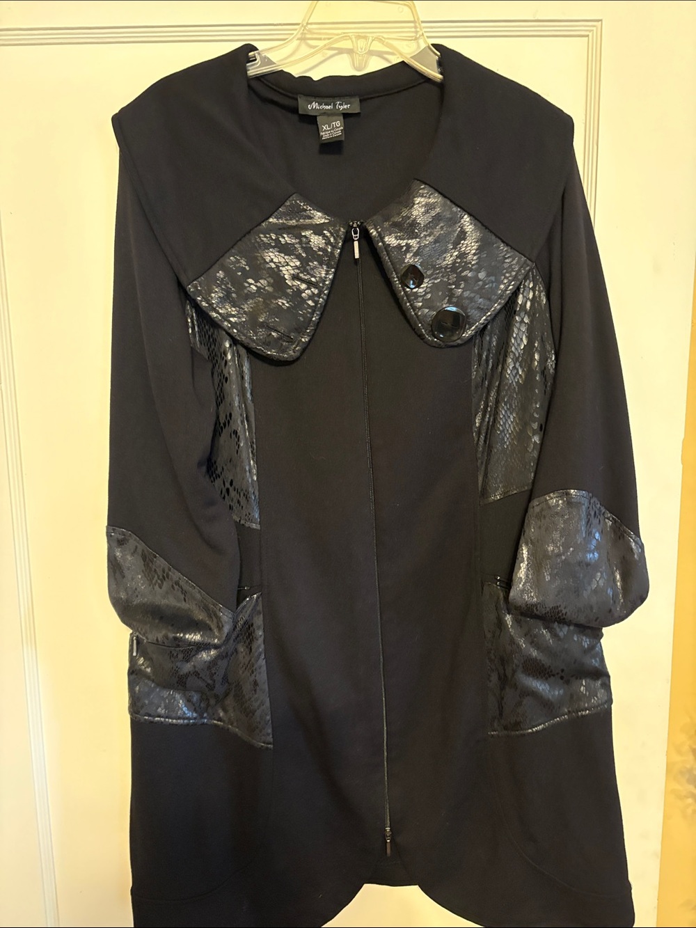 Michael Tyler Black Trench Coat with Faux-Snake Trim